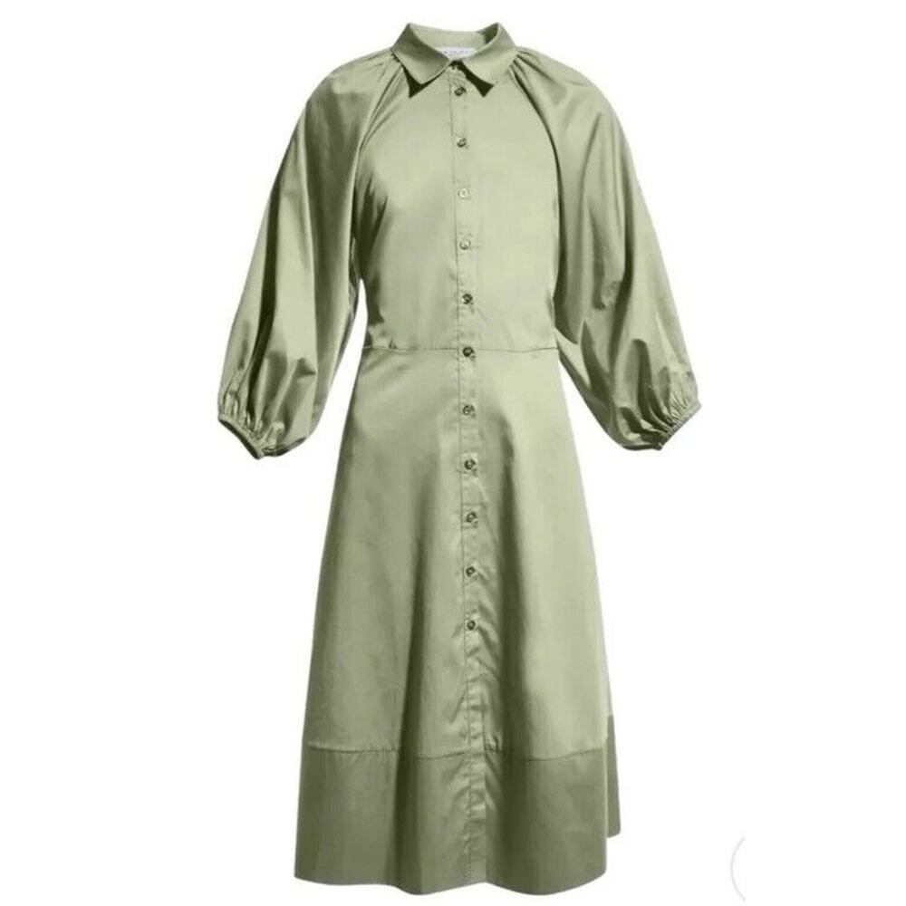 Harshman Muriel Matcha Green Cotton Shirt Dress 3/4 Sleeve NWT $229 M L 10 12 - Picture 2 of 10